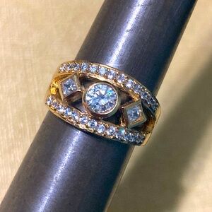 Double Channel Band Sparkly CZ Bezel Set Round Square Center Vermeil Ring